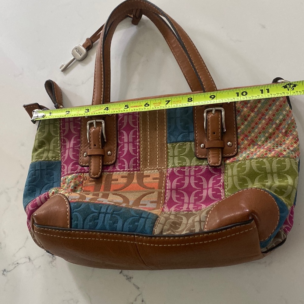Vintage Fossil Multicolor Patchwork Leather Trim & Canvas Tote Bag/shoulder bag - Picture 10 of 16